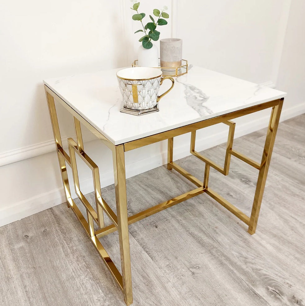 Gold Geometric Side table White Sintered Stone top