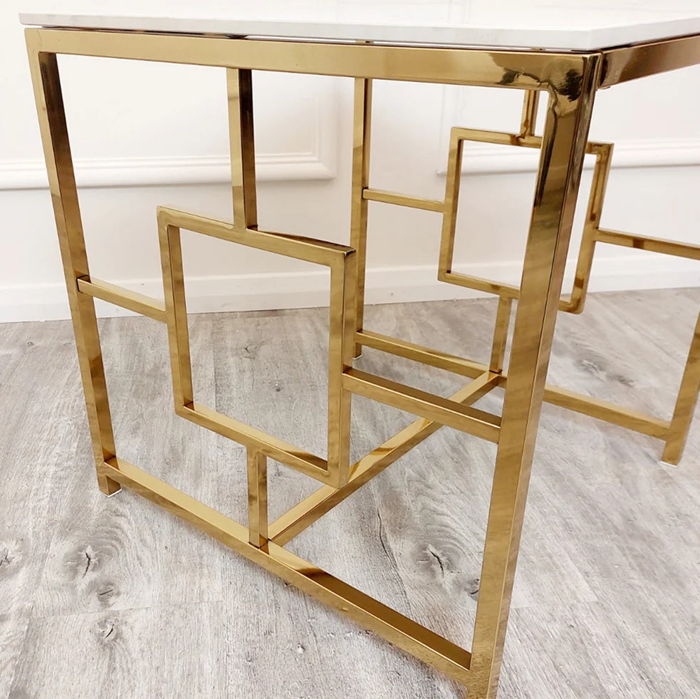 Gold Geometric Side table White Sintered Stone top