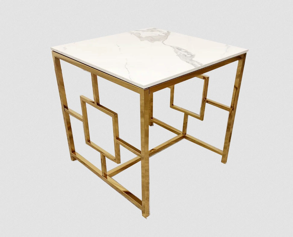 Gold Geometric Side table White Sintered Stone top