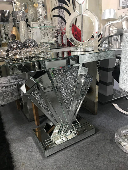 Art Deco Mirrored Silver Crushed Crystal Mirror Glass Console Table