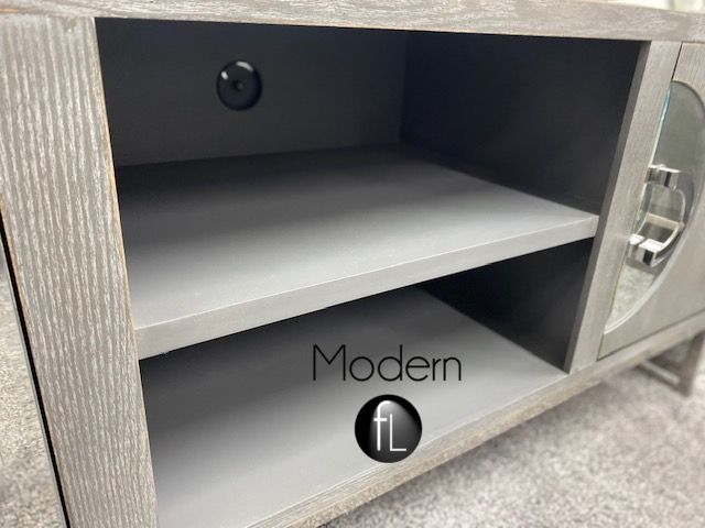 2 Door Grey Washed Wood TV unit with mirrored Circle