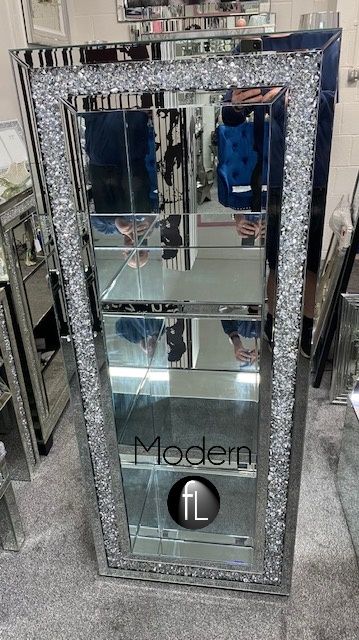 Tall crushed crystal bookcase, Glitz sparkle display cabinet 150cm high