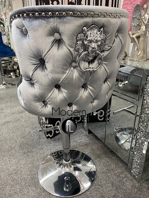 Silver Grey velvet swivel bar stool with chrome Lion knocker and cross stitch