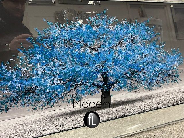 Blue blossom tree 3D glitter art picture in mirrored frame