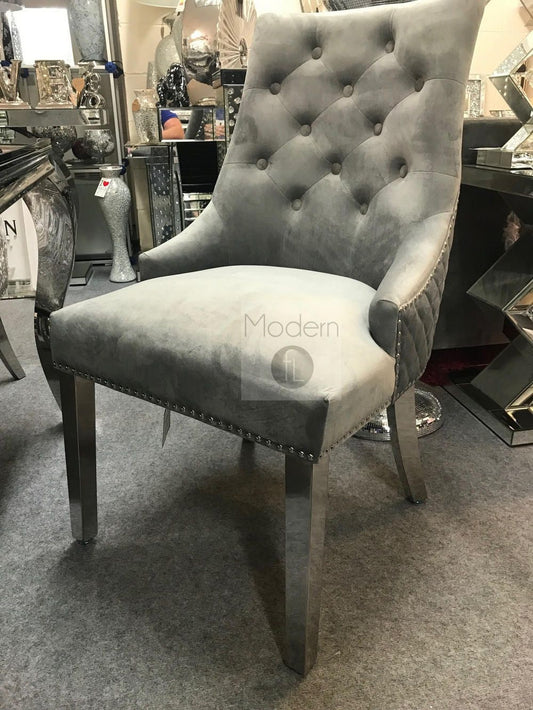 Grey Velvet Dining Chairs x2 with Lion Head Door Knocker and Chrome Legs