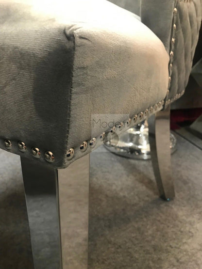 Grey Velvet Dining Chairs x2 with Lion Head Door Knocker and Chrome Legs