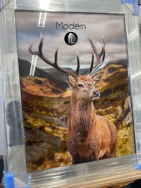 Stag in the Highlands 3D glitter wall art in mirror frame, glitter sparkle art