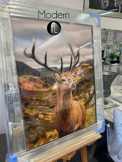 Stag in the Highlands 3D glitter wall art in mirror frame, glitter sparkle art