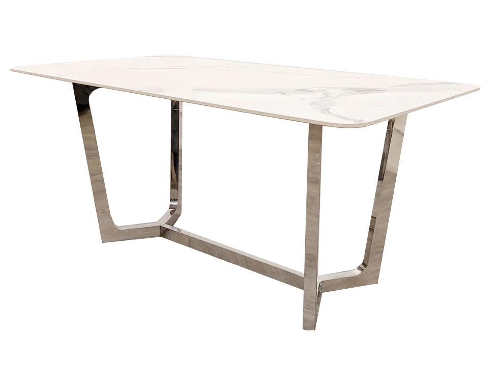 1.6m White Sintered Stone dining table with chrome legs and frame