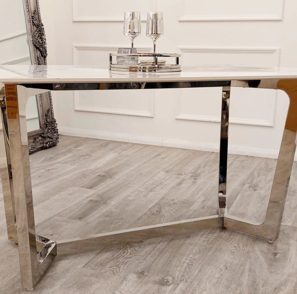 1.6m White Sintered Stone dining table with chrome legs and frame