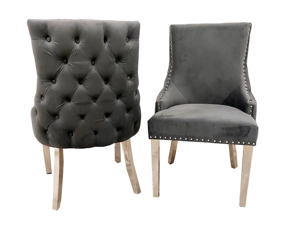 2x Luxury Grey Velvet Stud Button Back Dining Chair