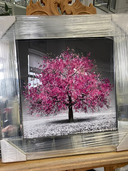 Small pink blossom tree picture in mirrored frame