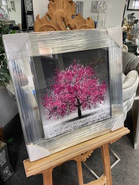 Small pink blossom tree picture in mirrored frame