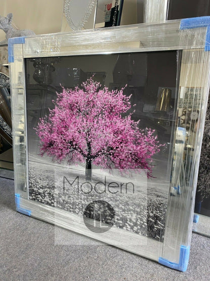 Pink Blossom Tree 3D Glitter Picture in mirrored frame