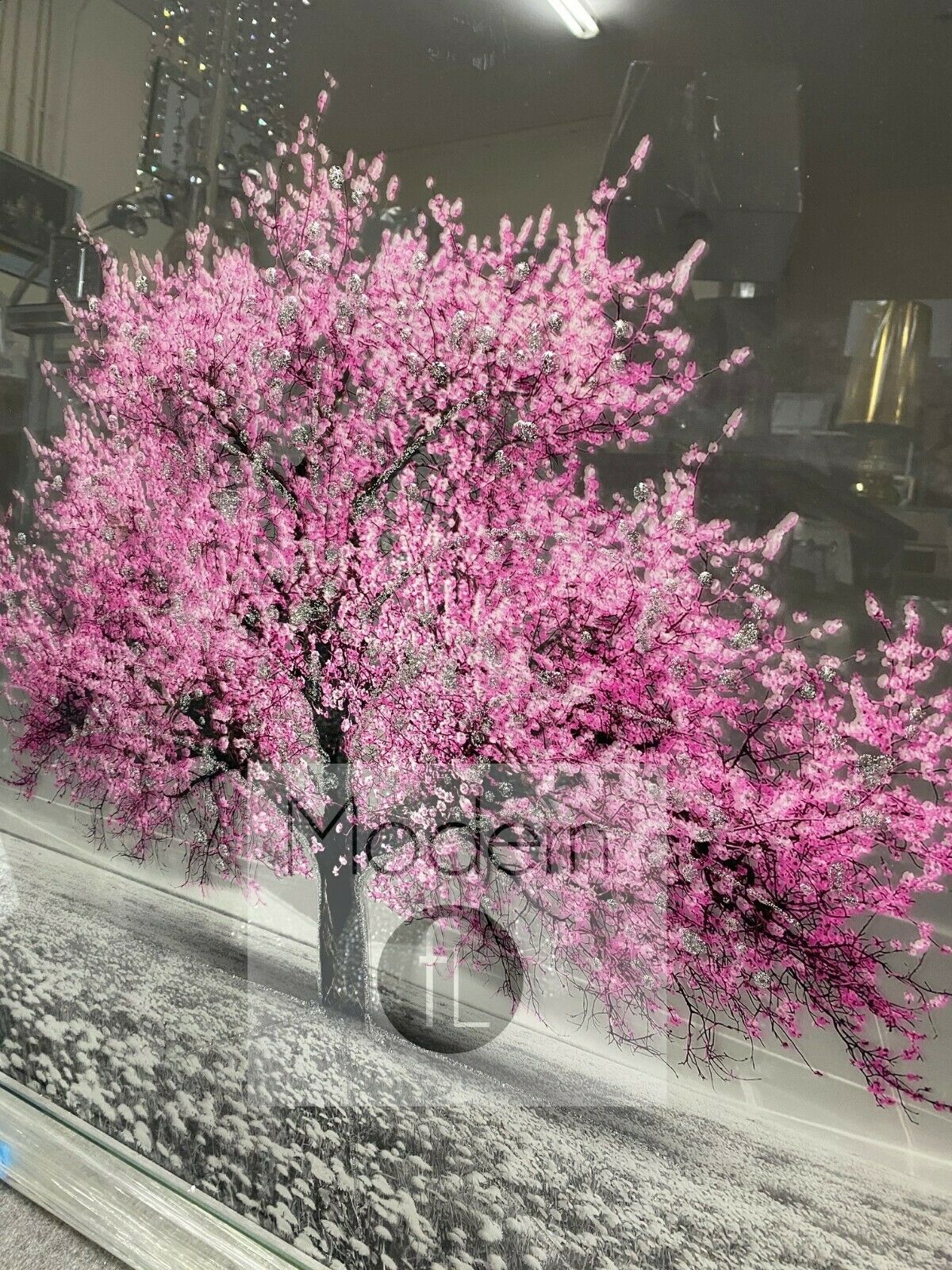 Pink Blossom Tree 3D Glitter Picture in mirrored frame