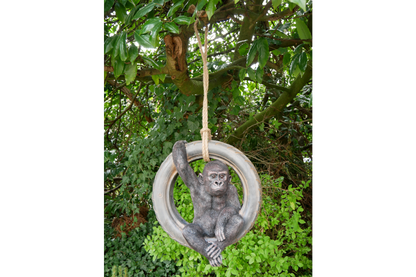 Hanging Gorilla on Tyre Swing Garden ornament, Gorilla outdoor swinging