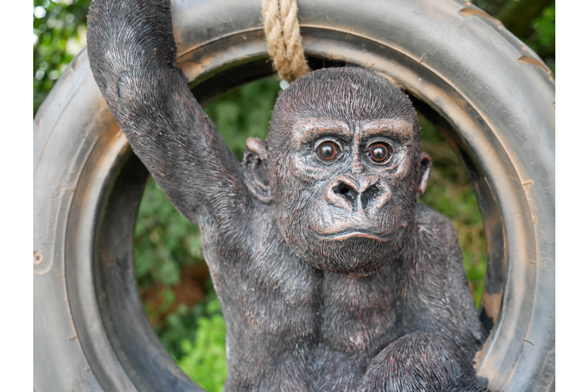 Hanging Gorilla on Tyre Swing Garden ornament, Gorilla outdoor swinging