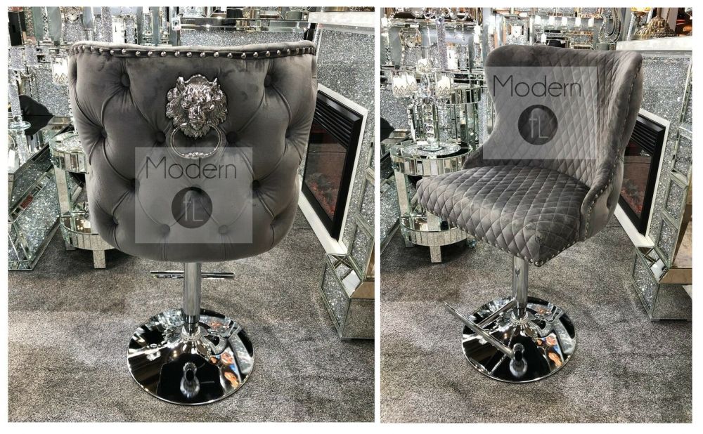 Grey velvet swivel bar stool with chrome Lion knocker and cross stitch