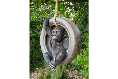 Hanging Gorilla on Tyre Swing Garden ornament, Gorilla outdoor swinging