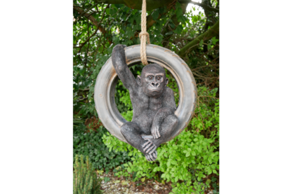 Hanging Gorilla on Tyre Swing Garden ornament, Gorilla outdoor swinging