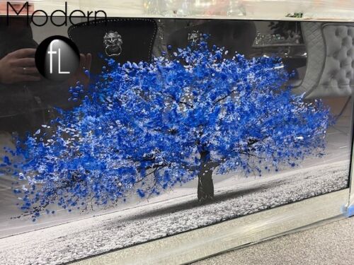 Blue blossom tree 3D glitter art picture in mirrored frame