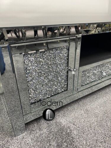 Large 150cm Mirrored Crushed Diamond TV Stand Sparkle Glitz TV Unit Up to 70' TV