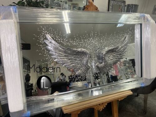 3D Angel wings mirrored picture with glitter art detail in mirror frame