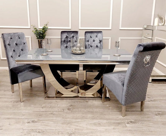 Wave 1.6 Grey Glass Dining Table with 4 Velvet Dining Chairs